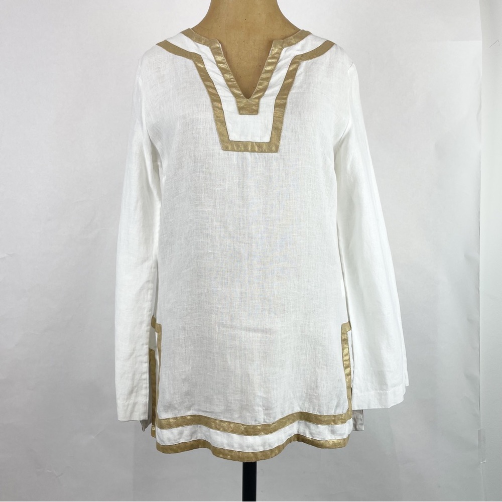 MICHAEL KORS COLLECTION White 100% Linen Tunic with Gold Metallic Trim Size 2